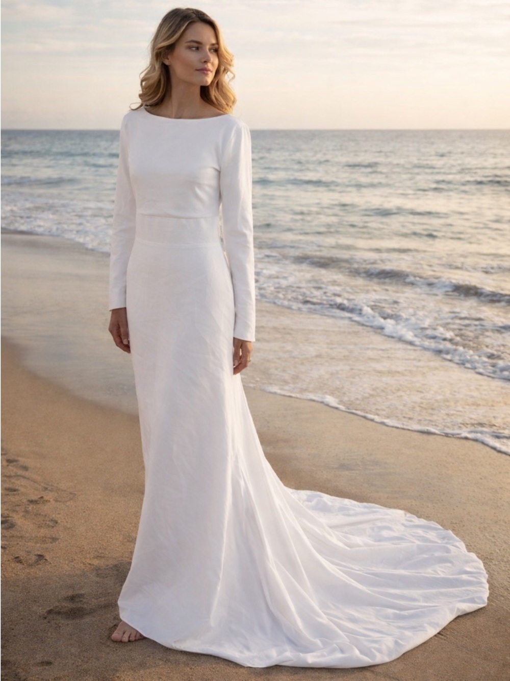 White Long Sleeve Women's minimalist wedding Dress with a train